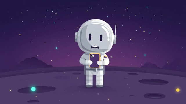 Cartoon astronaut takes a phone picture on a purple planet under a starry sky