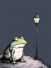 Lonely cartoon frog sitting under a vintage street lamp, looking bored or sad.