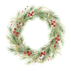 Watercolor evergreen wreath adorned with berries, radiating festive cheer on isolated transparent