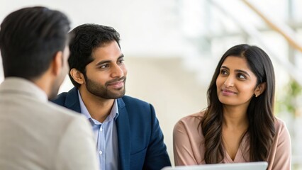 Obraz premium Young Indian couple meeting with financial advisor — showcasing partnership, strategy, and confidence
