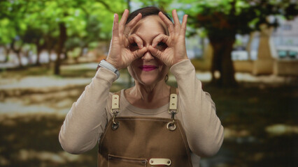 Young hispanic woman holds hands to eyes in binoculars gesture at park; watching exploring...