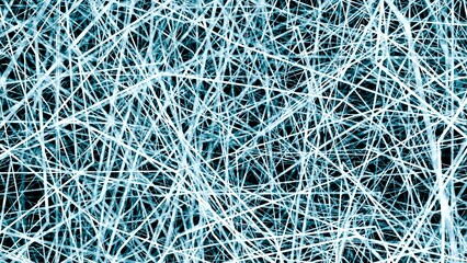 顕微鏡で拡大して観察した厚い繊維のイメージイラスト。奥行のある絡まったランダムな網の背景。Tangled light blue fibers