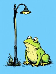 Lonely cartoon frog sitting under a vintage street lamp, looking bored or sad.