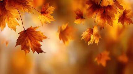 Vibrant Orange and Yellow Leaves Falling in Autumn Forest Background