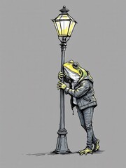 Confident anthropomorphic frog in a leather jacket leaning against a classic lamppost, detailed illustration.