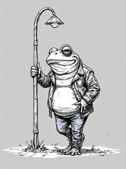 Cool ink sketch illustration of an anthropomorphic frog musician leaning on a lamppost with a saxophone.