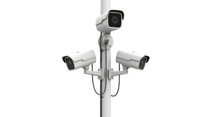 Isolated surveillance camera system with three security cameras on pole, no background