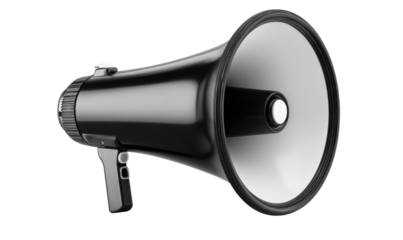 Close-up shot of a black megaphone with a handle, isolated on white background.