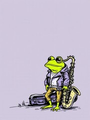 Cool anthropomorphic frog musician in a leather jacket leaning on a lamppost with a golden saxophone, vibrant illustration.