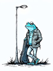 Cool anthropomorphic frog musician in a leather jacket leaning on a lamppost with a golden saxophone, vibrant illustration.