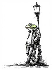 Cool anthropomorphic frog musician in a leather jacket leaning on a lamppost with a golden saxophone, vibrant illustration.