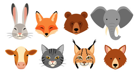 Fototapeta premium Collection of cartoon animal faces including a rabbit a fox a bear a cat a cow a lynx and an elephant.