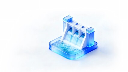 A 3D hydroelectric power station icon with a blue gradient, with a transparent frosted glass texture, representing hydroelectric power