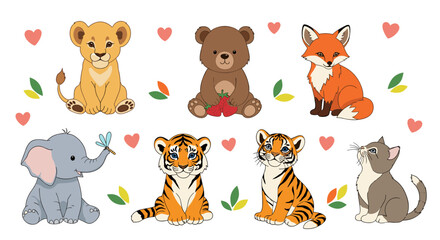 Fototapeta premium Adorable baby wild animals including a lion cub a bear cub a fox cub a baby elephant two tiger cubs and a kitten.