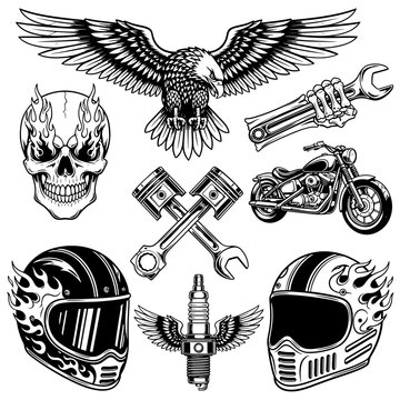 Vector art of biker culture vector set with eagle, skull, motorcycle, helmet, piston, wrench, and spark plug