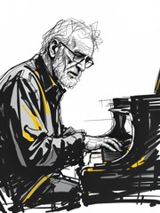 Dynamic sketch illustration of a mature man passionately playing a grand piano, isolated on white background.