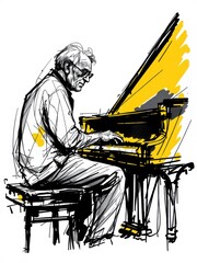 Dynamic sketch illustration of a mature man passionately playing a grand piano, isolated on white background.