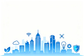 Blue cityscape with icons