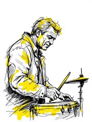 Dynamic ink sketch illustration of a mature man playing drums with passion, isolated on white background.