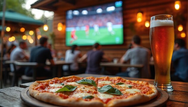 Pizza, beer and sports on TV at outdoor pizzeria at night. People gather on patio for food, drinks, and entertainment. Enjoy casual dining with friends. - Powered by Adobe