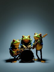 Trio of cute anthropomorphic frogs playing guitar and double bass in a music band on an orange background.