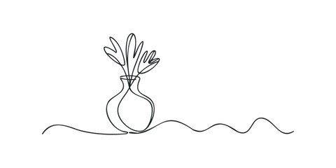 Fototapeta premium Single line drawing of flowers in vase on wavy line
