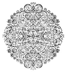 Vector art of ornate circular flourish design, featuring intricate swirls and decorative elements in a vintage style