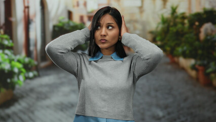 Woman blocking ears playfully in vibrant outdoor street setting, surrounded by lush greenery and...