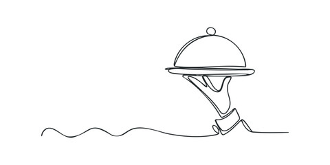Hand holding food cloche serving platter one line drawing