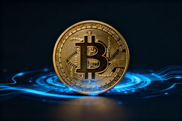 Golden Bitcoin coin on dark background