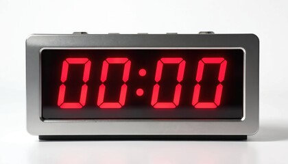 Red digital clock displaying 00 00 on white background. Digital clock with red LED display shows zero hours and zero minutes. Electronic device with silver metal frame and black screen.