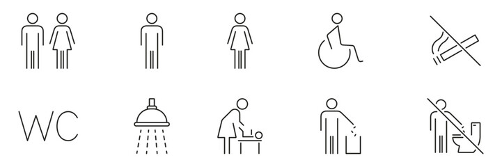 Restroom And Facility Sign Line Icon Set. Gender, Accessibility and Hygiene Symbols Collection. Includes No Smoking, Shower, Baby Changing and Waste Disposal Icons. Isolated Vector Illustration