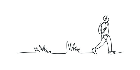 One line drawing of a person walking with a backpack through grass