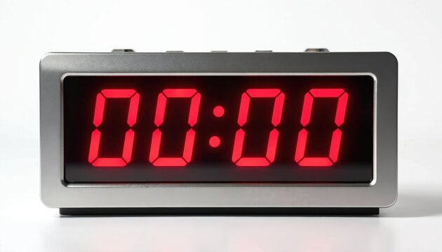 Red digital clock displaying 00 00 on white background. Digital clock with red LED display shows zero hours and zero minutes. Electronic device with silver metal frame and black screen.