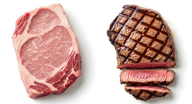 Before After Comparation of Raw Meat and Steak for Culinary Showcase, Kitchen, Food Photography, Bright Environment, Overhead View, Gourmet Cooking