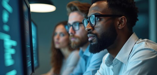 Three diverse programmers focus intently on computer screens displaying code. They work together in a modern office space with soft lighting.