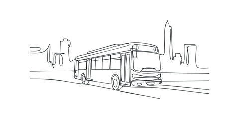 Bus driving on a road with city skyline