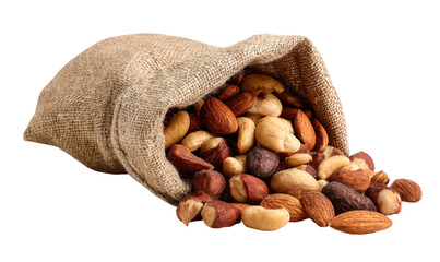 Close-up shot of a burlap sack spilling a variety of mixed nuts onto a surface.
