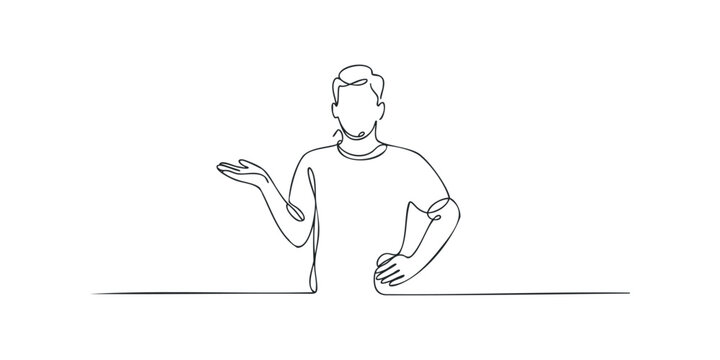 Single line drawing man gesturing with open hand