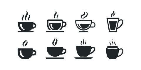 Set of stylized black coffee cup icons with steam