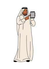 Minimalist colored outline illustration of a Middle Eastern man in traditional thobe and ghutra, holding a tablet and pointing. Modern sketch style vector on transparent background