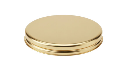Isolated shiny gold metal lid or cap, top view, smooth surface, threaded for jar, bottle or container