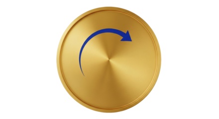 Isolated golden coin with blue curved arrow suggesting rotation, circulation concept icon