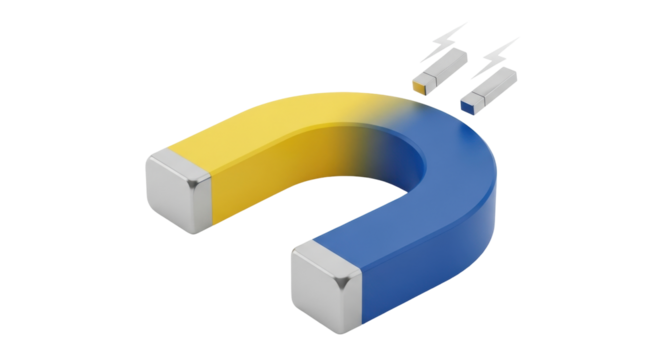Isolated horseshoe magnet with magnetic field affecting metal objects, attracting force