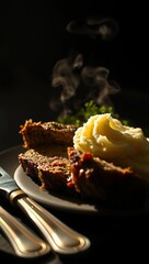 backlight cinematic moody dramatic shadows steam rustic dark meatloaf mashed potatoes cozy  
