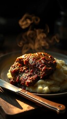 rustic cinematic moody dramatic shadows cozy meatloaf mashed potatoes backlight steam dark  
