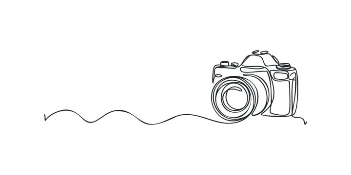 Continuous line drawing of a vintage camera with wavy tail