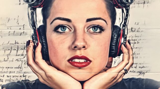 Retrato Animado Pin-Up Vintage con Auriculares Escuchando M&uacute;sica | Video Vertical 4K


