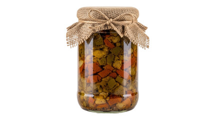 Isolated glass jar of pickled vegetables with rustic burlap cover, homemade style, fresh