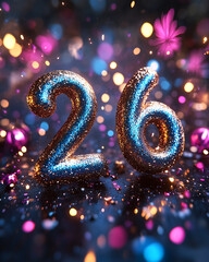 silver 3d numbers 26 standing for 2026 new year or age 26 in colourful background
